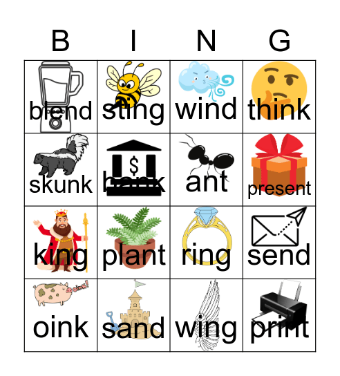 Ending -N Blends Bingo Card