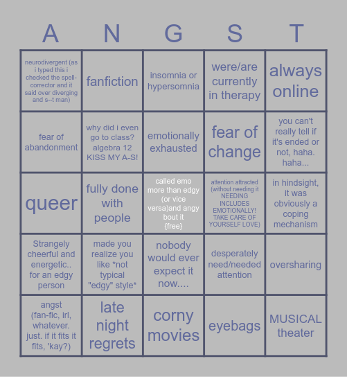 Edgy Phase Checklist Bingo Card