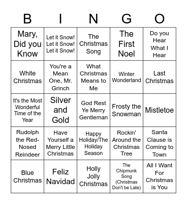 Christmas Song Bingo Card