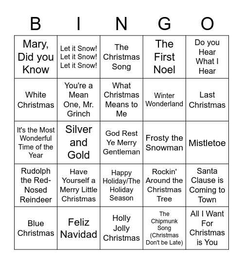 Christmas Song Bingo Card