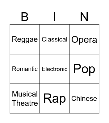 Music Styles Bingo Card