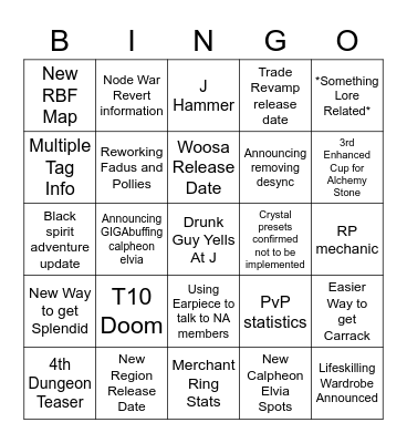 Calpheon Ball 2022 Bingo Card