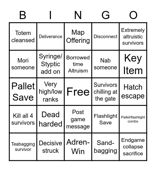 Dead by daylight killer bingo Card