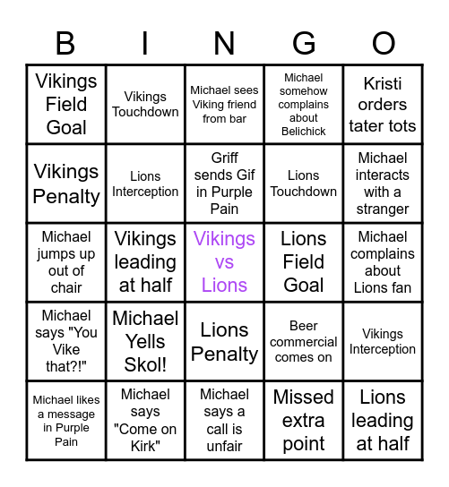 Vikings v. Lions Bingo Card