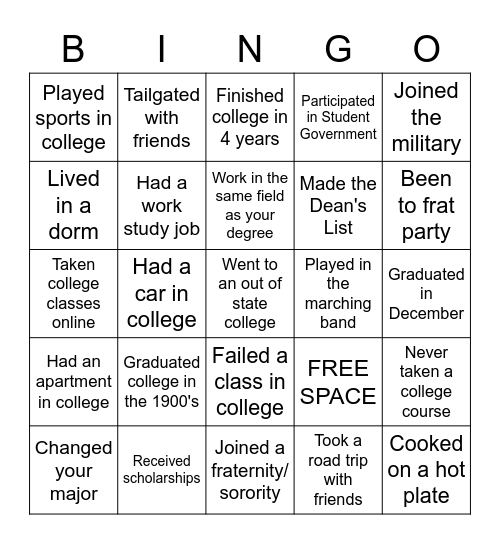 College Graduate Bingo Card