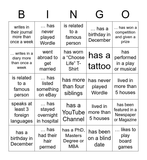 Getting to Know You Bingo Card