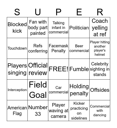 Superbowl Bingo Card