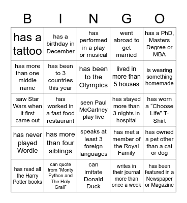 Getting to Know you Bingo Card