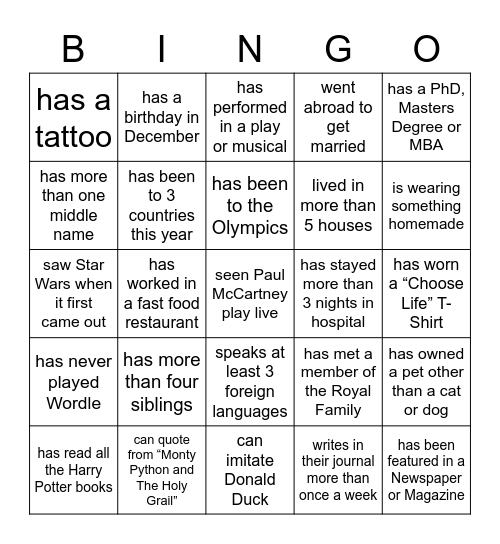Getting to Know you Bingo Card