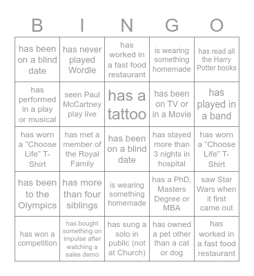 Write a different name in each square Bingo Card