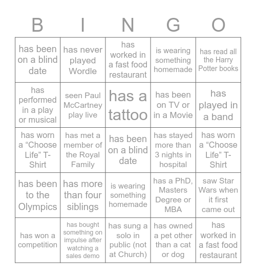 Write a different name in each square Bingo Card