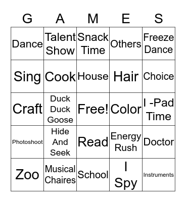 Fun Babysitting Game Bingo Card