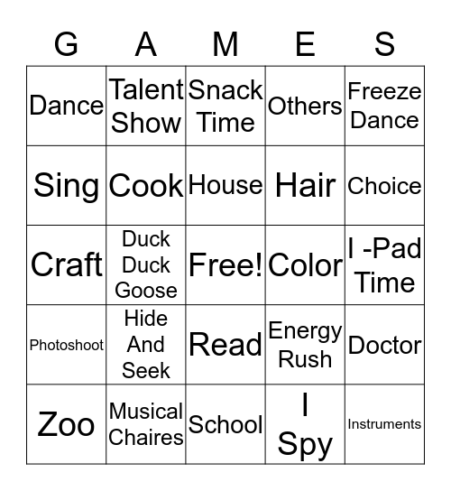 Fun Babysitting Game Bingo Card