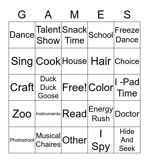 Fun Babysitting Game Bingo Card