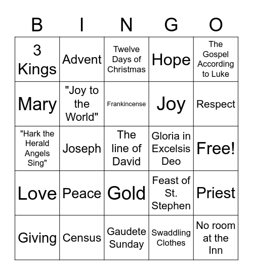 Catholic Advent & Christmas Bingo Card