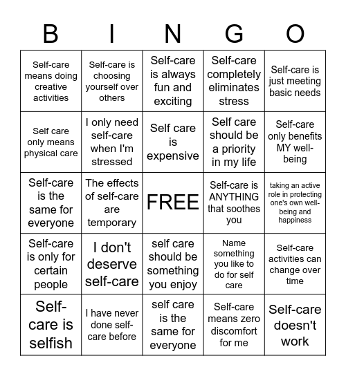 Self-Care Myths Bingo Card