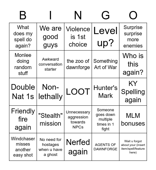 DnD Mishell Edition Bingo Card