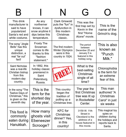 Holiday Bingo Trivia Bingo Card
