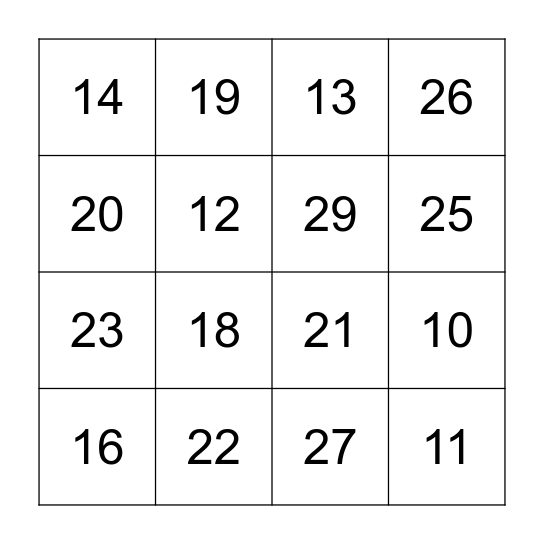 numbers 10-50 Bingo Card
