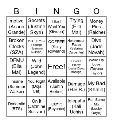 Music Bingo #1 Bingo Card