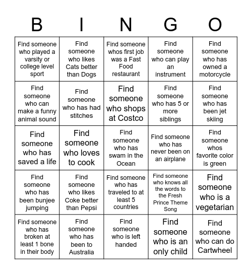 GET TO KNOW YOU Bingo Card