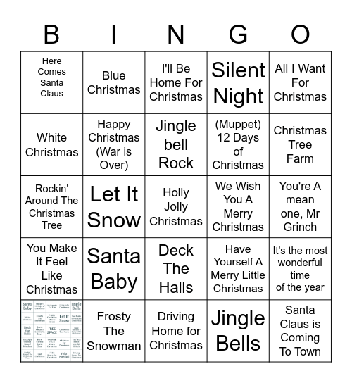 Christmas Song Bingo Card