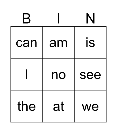 Sight Words 1 Bingo Card