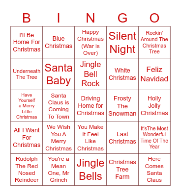 Christmas Song Bingo Card