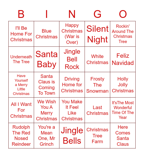 Christmas Song Bingo Card