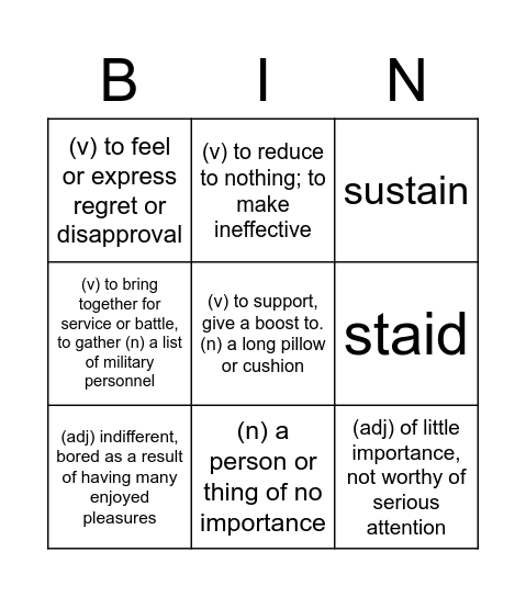 words/definitions for memory game Bingo Card