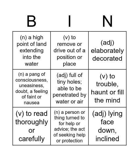 definitions for memory game Bingo Card
