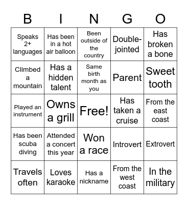 Ice breaker Bingo Card