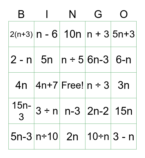 Translating Algebraic Expressions and Equations Bingo Card