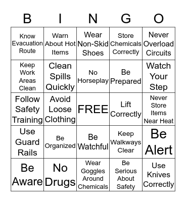 School Nutrition Safety Bingo Card