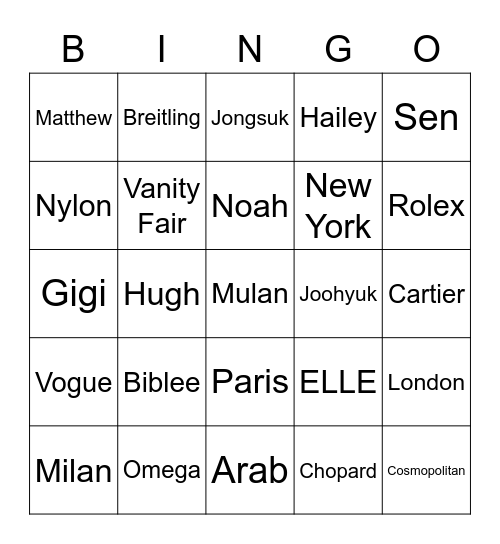 Irene's Bingo Card