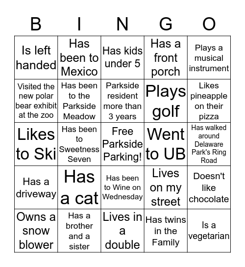 Parkside Bingo Card