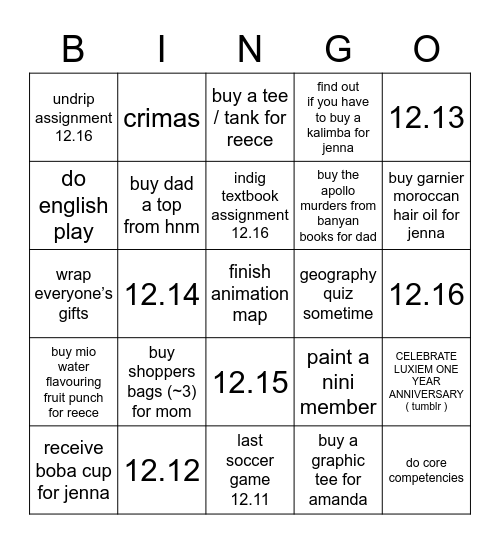 december 2022 Bingo Card