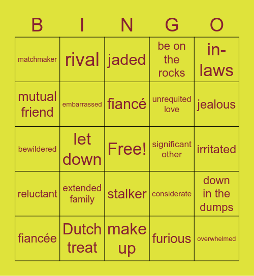 Relations Vocabulary Bingo Card