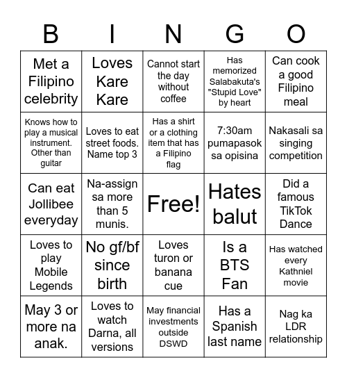 Ultimate Filipino Human Bingo Card