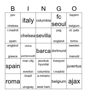 FIFA 16 LEAGUE Bingo Card