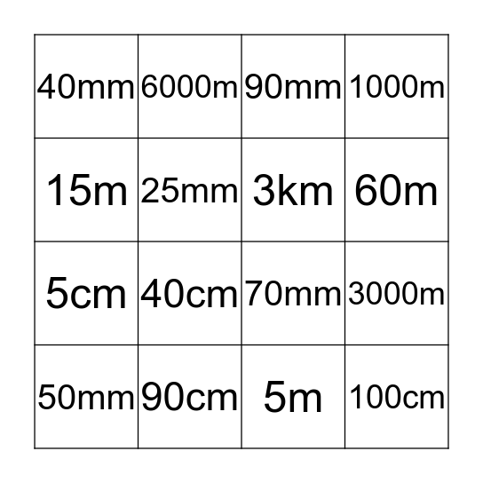 Metric Units Bingo Card