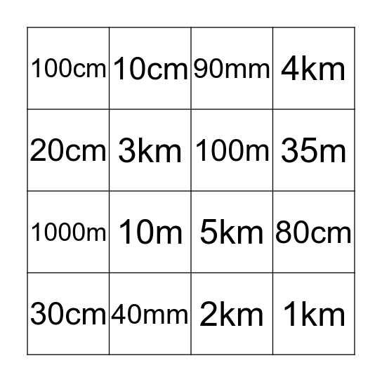 Metric Units Bingo Card