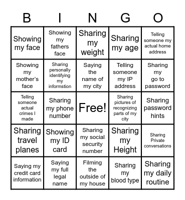 sharing personal info bingo Card