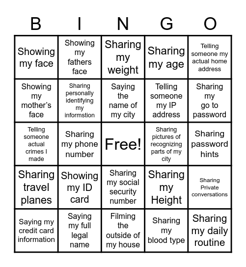 sharing personal info bingo Card