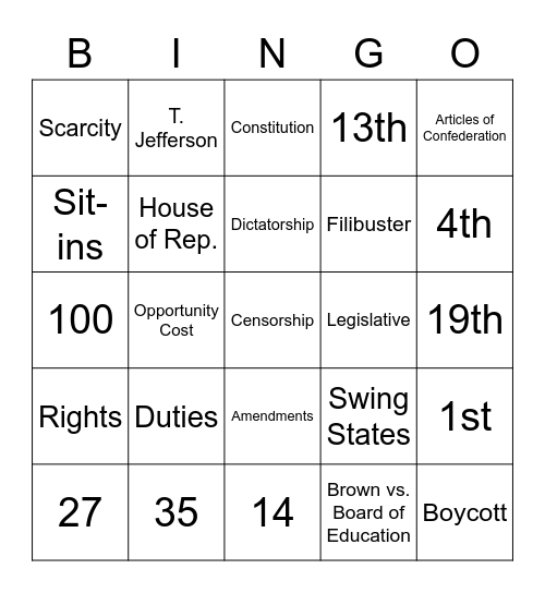 Semester Exam Review Bingo Card