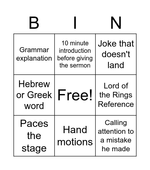 Pastor Brad Bingo Card