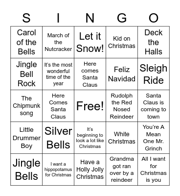Christmas Carol SINGO Bingo Card