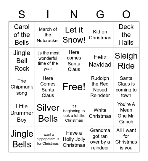 Christmas Carol SINGO Bingo Card