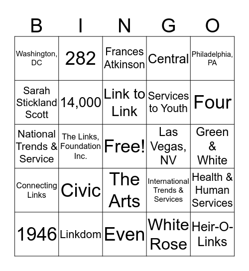 The Links, Inc. Bingo Card