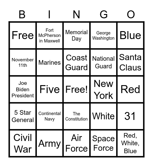 Veterans BINGO Card